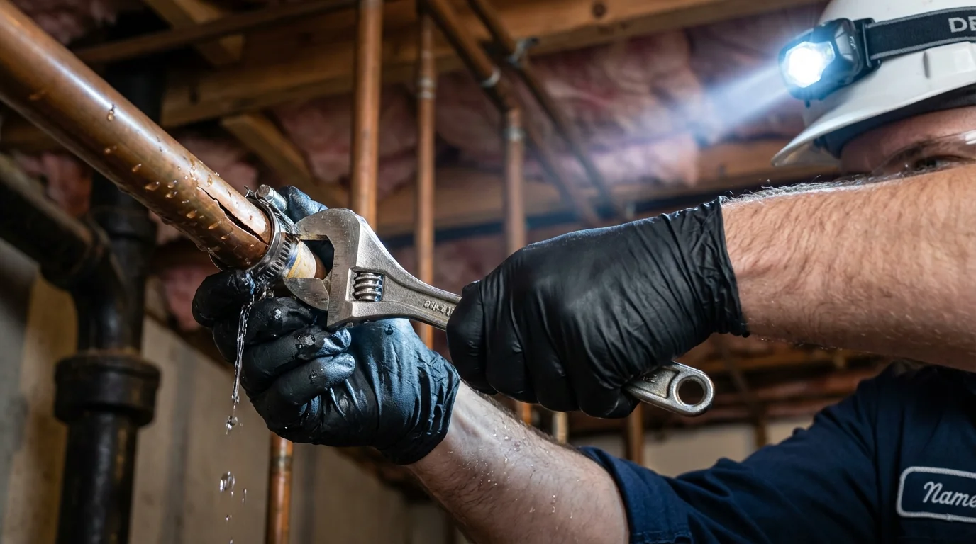 Emergency pipe clamp repair being performed by a Johns Plumbing LLC plumber in Salida