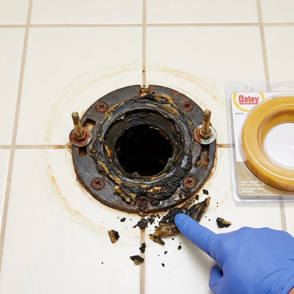 Failed wax ring showing water seepage at the base of a toilet in a Salida, CA home